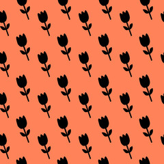 Black Tulip Pattern on Coral Background Floral Pattern Seamless Flower Pattern