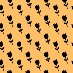 Black Tulip Pattern on Orange Background Floral Pattern Seamless Flower Pattern