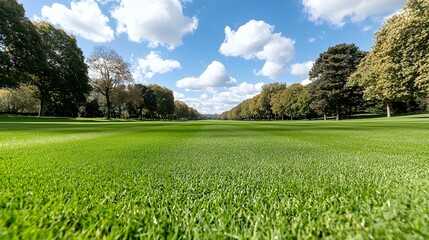 Fototapeta premium Green Grass Field with Trees and Blue Sky Cloudscape