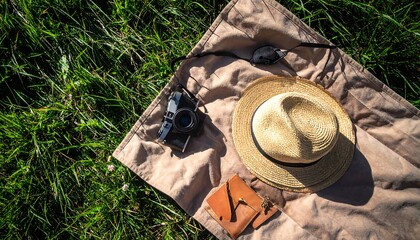 Summer Picnic Scene: Straw Hat and Camera on Tan Blanket