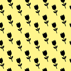 Black Tulip Pattern on Pale Yellow Background Floral Pattern Seamless Flower Pattern