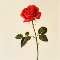 Fototapeta premium Elegant red rose with stem and leaves on white background
