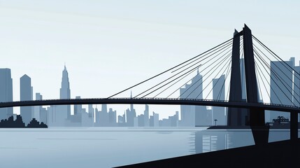 Obraz premium A modern cable-stayed bridge spanning a wide river, with the city's iconic skyscrapers and landmarks silhouetted against the horizon. 