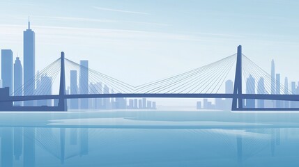 Obraz premium A modern cable-stayed bridge spanning a wide river, with the city's iconic skyscrapers and landmarks silhouetted against the horizon. 