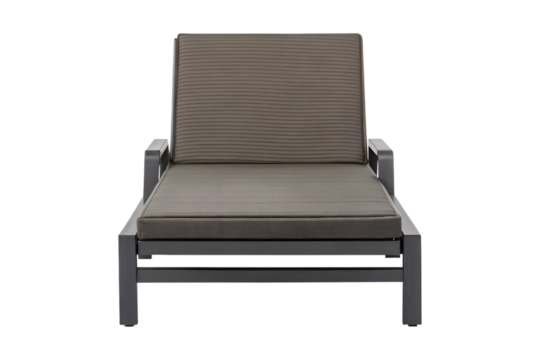 Contemporary outdoor chaise lounge with gray frame and striped cushion design transparent background