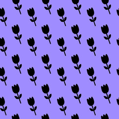 Black Tulip Pattern on Lavender Background Floral Pattern Seamless Flower Pattern