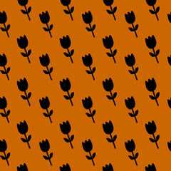 Black Tulip Pattern on Orange Background Floral Pattern Seamless Flower Pattern