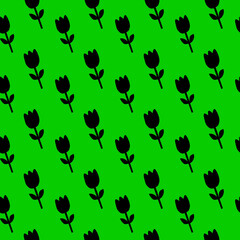 Black Tulip Pattern on Vibrant Green Background Floral Pattern Seamless Flower Pattern