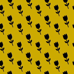 Black Tulip Pattern on Mustard Yellow Background Floral Pattern Seamless Flower Pattern