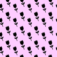 Black Tulip Pattern on Light Pink Pattern Background Floral Pattern Seamless Flower Pattern
