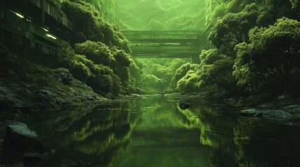 Moss covered gorge reflecting green water
