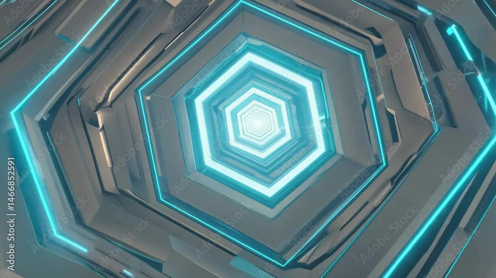 Poster sci-fi hexagonal tunnel loop with glowing blue neon edges animation in 4k.