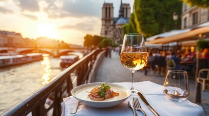 Creamy French Onion Soup in a Bowl Served by the Seine River at Sunset in Paris