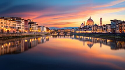 Obraz premium Breathtaking Cityscape at Dusk with Reflection in Water and Illuminated Buildings