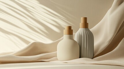 Beauty product display featuring two matte pastel bottles with natural wood pump tops, surrounded by soft folds of ivory fabric and set against a warm neutral luxury wall.