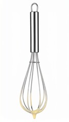 Stainless Steel Whisk with Batter Drops on Isolated Background
