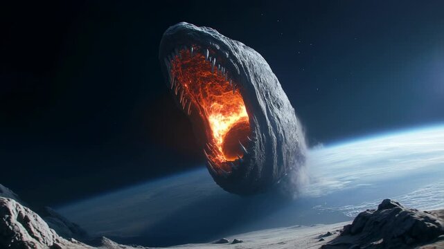 A huge worm of a terrible monster with a luminous mouth breaks out of the ground in space, revealing the molten core and the surrounding star background