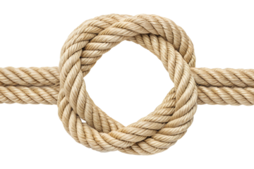 Closeup studio shot of a beige rope tied in a symmetrical knot transparent background