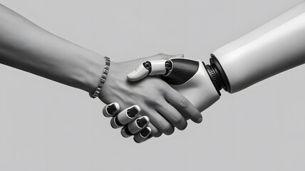 A handshake between a human hand and a robotic hand in grayscale image
