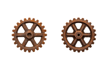 Two Rusty Vintage Metal Gears on a Neutral Gray Background Showcasing Age transparent background