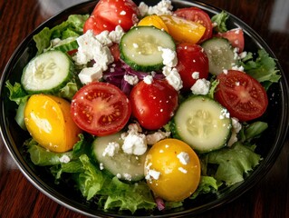 Fresh salad with cherry tomatoes, cucumbers, lettuce, feta cheese, and onions in a black bowl on a wooden table.