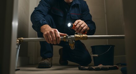 Expert Plumber Repairing Leaky Pipe in Confined Space Using Flashlight Plumbing Maintenance and Repair Services