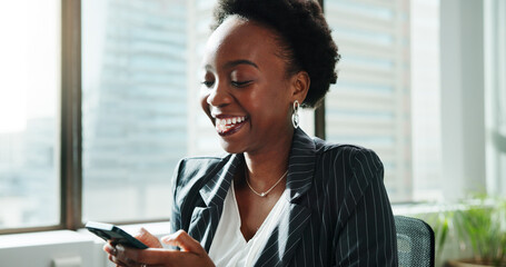 Business, smile and black woman in workplace, smartphone and text with social media, accounting and...