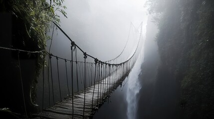 Obraz premium A narrow, old rope bridge crossing a misty jungle ravine, its fragile structure silhouetted against a towering, mist-cloaked waterfall. 