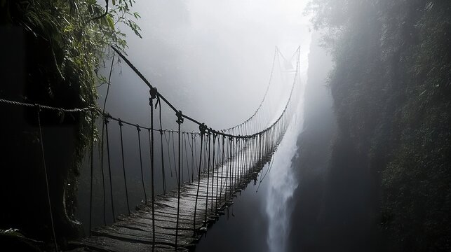 Fototapeta A narrow, old rope bridge crossing a misty jungle ravine, its fragile structure silhouetted against a towering, mist-cloaked waterfall.  