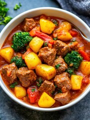A hearty beef stew with potatoes, broccoli, and carrots in a rich tomato-based broth served in a white bowl.