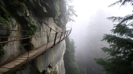 A narrow wooden suspension bridge swaying above a foggy ravine, with towering rock walls and dense forest creating an atmospheric scene.  