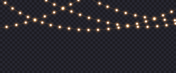 Gold Christmas garland on transparent background, new year light effect elements for banner, poster, flyer and xmas card. Horizontal yellow wires shining, led strips png, vector illustration.