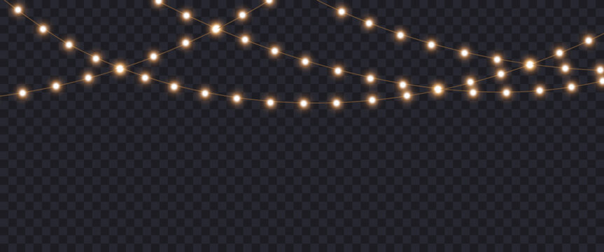 Gold Christmas garland on transparent background, new year light effect elements for banner, poster, flyer and xmas card. Horizontal yellow wires shining, led strips png, vector illustration.