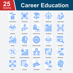 Career Education is a collection of icons representing various aspects of career development, including career options, job search, academic preparation, networking, career goals, workforce skills.