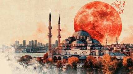 Obraz premium Mosque Stands Tall with a Red Moon Rising in the Sky, Watercolor Style Art