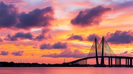 Obraz premium A panoramic image of a modern bridge silhouetted by a radiant sunset, soft clouds glowing in fiery colors. Perfect for architectural prints or calendars. 