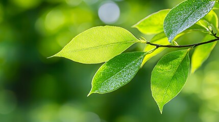 Green Leaves Branch with Water Droplets in Sunlight
