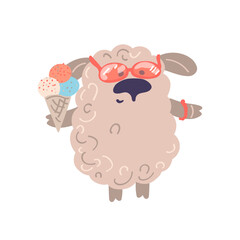 Vector hand drawn illustration in simple hand drawn modern style. Sheep holding ice cream.