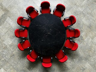 A round black table surrounded by twelve red chairs on a tiled floor, viewed from above.