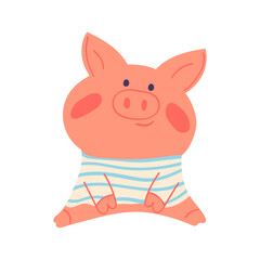 Vector hand drawn illustration in simple hand drawn modern style. Cute pig in striped t-shirt character isolated on white.