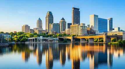 A panoramic view of a city bridge leading into the heart of a vibrant skyline, the reflections shimmering in the water below.  