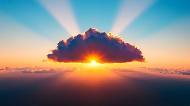 Sunbeams Piercing Cloud Over Flat Land at Sunset