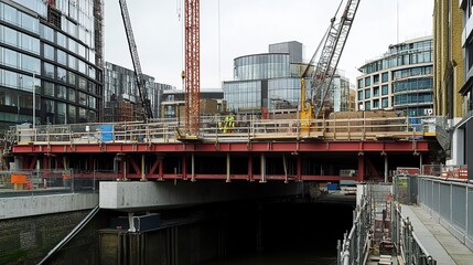 A partially built double-deck bridge with cranes and scaffolding in place, designed for dual-level transport, highlighting urban engineering progress. 