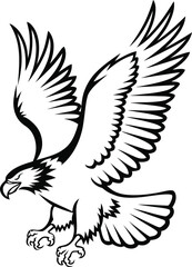 Fototapeta premium Black silhouette vector illustration of a flying eagle, a majestic bird with powerful wings, shown as a tribal design symbol