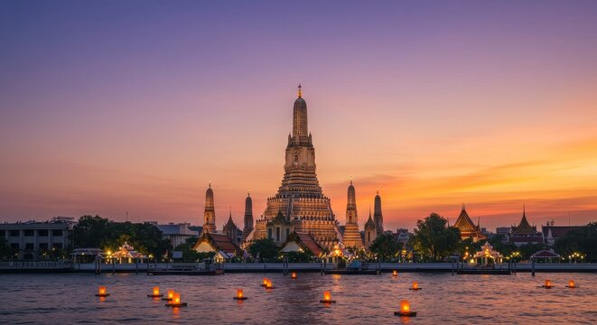 Arun Temple Sunset Panorama - Stunning sunset view of Wat Arun Ratchawararam Ratchawaramahawihan, a beautiful temple in Bangkok, Thailand, with floating lanterns on the river