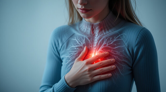 heart failure in woman and she press her chest symptom of pain and suffering cause of arrhythmia and bradycardia use for medicine product and health care concept on white background.