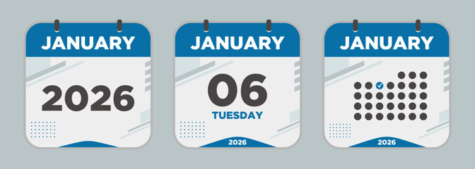Modern Calendar icon. January. 2026 6 day. The concept of waiting for an important date. Day calendar with date January 6. Cheklist day calendar. Vector illustration.
