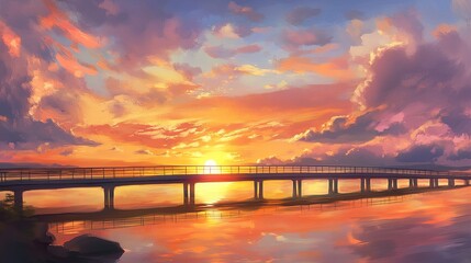 Fototapeta premium A peaceful sunset scene with a long bridge crossing shimmering water, vivid orange and pink hues painting the sky, complemented by a few drifting clouds 
