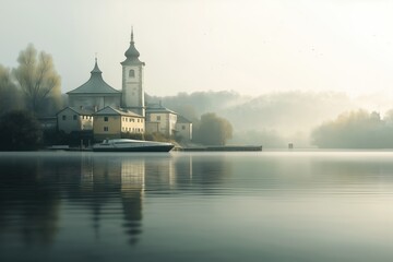 Tranquil Lake with Historical Building and Boat in Morning Mist