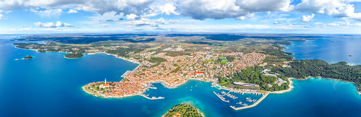 Aerial panoramic view of the historic coastal town Rovinj. The peninsula with the Church of St....
